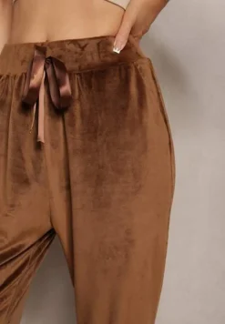 Brązowe Welurowe Spodnie Dresowe z Luźnymi Nogawkami Heliotte