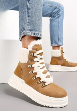 Brązowe Wiązane Traperki na Grubej Podeszwie z Ozdobnym Futerkiem Lexxina