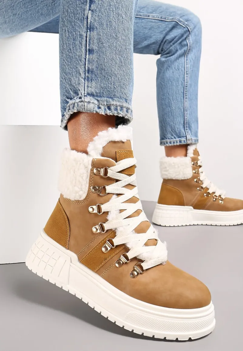 Brązowe Wiązane Traperki na Grubej Podeszwie z Ozdobnym Futerkiem Lexxina