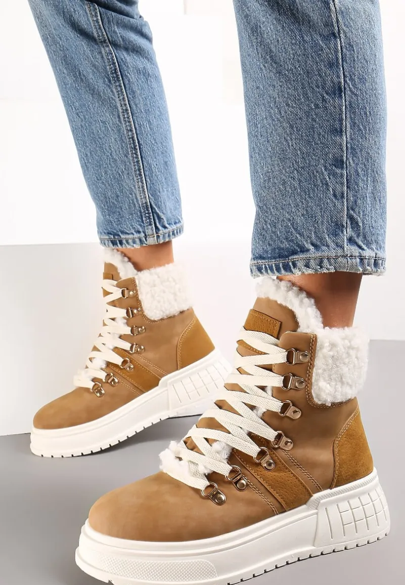 Brązowe Wiązane Traperki na Grubej Podeszwie z Ozdobnym Futerkiem Lexxina