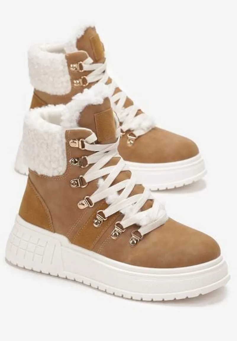 Brązowe Wiązane Traperki na Grubej Podeszwie z Ozdobnym Futerkiem Lexxina