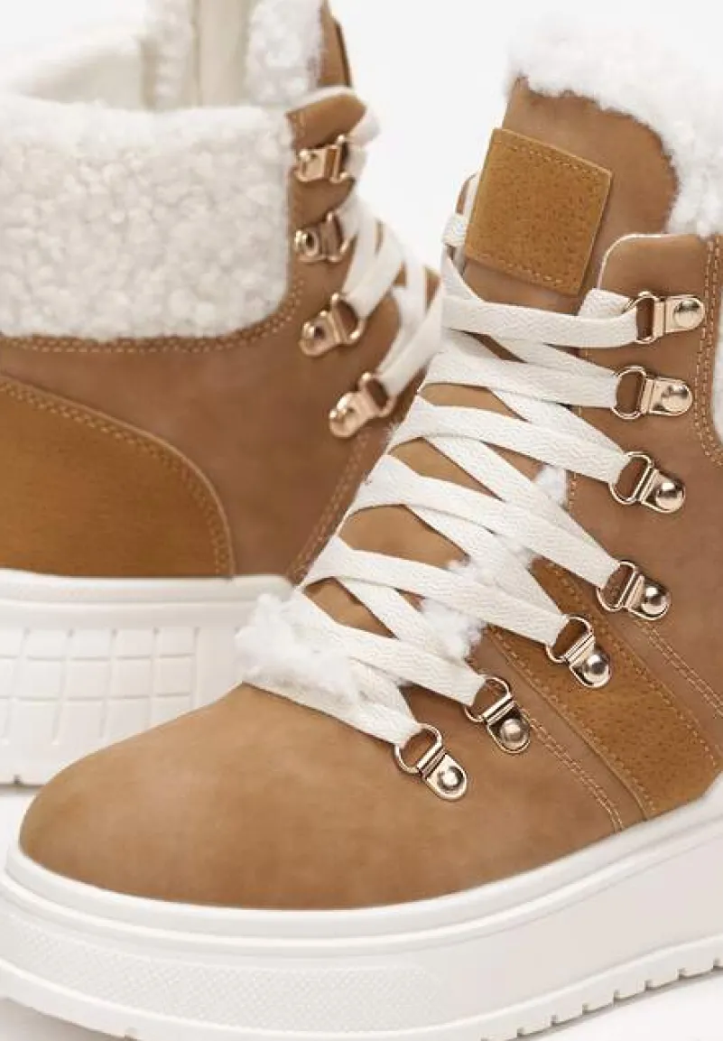 Brązowe Wiązane Traperki na Grubej Podeszwie z Ozdobnym Futerkiem Lexxina