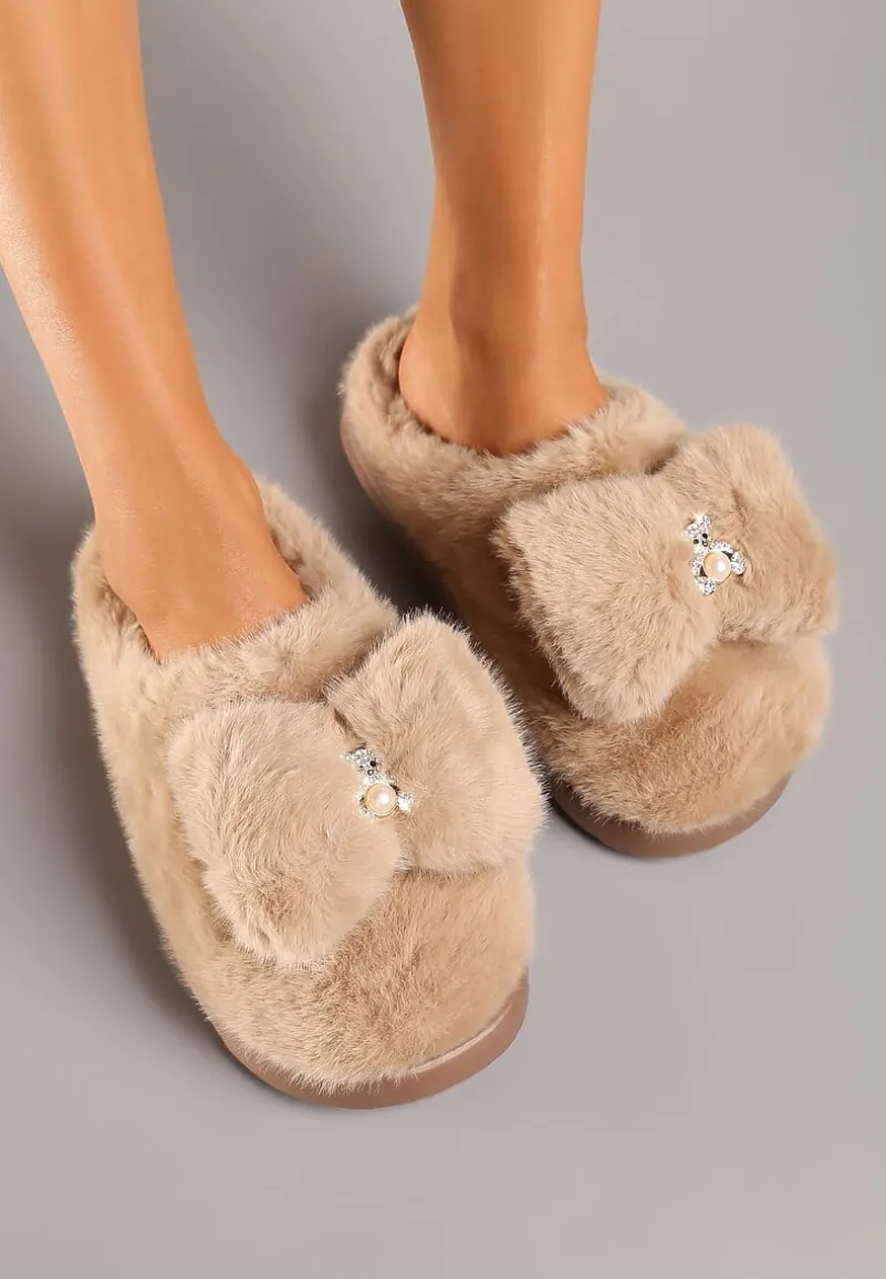 Brązowe Wsuwane Kapcie z Futerkiem Ozdobione Kokardą Lemiola