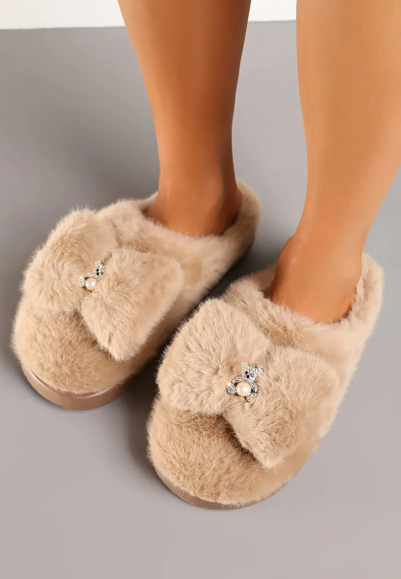 Brązowe Wsuwane Kapcie z Futerkiem Ozdobione Kokardą Lemiola