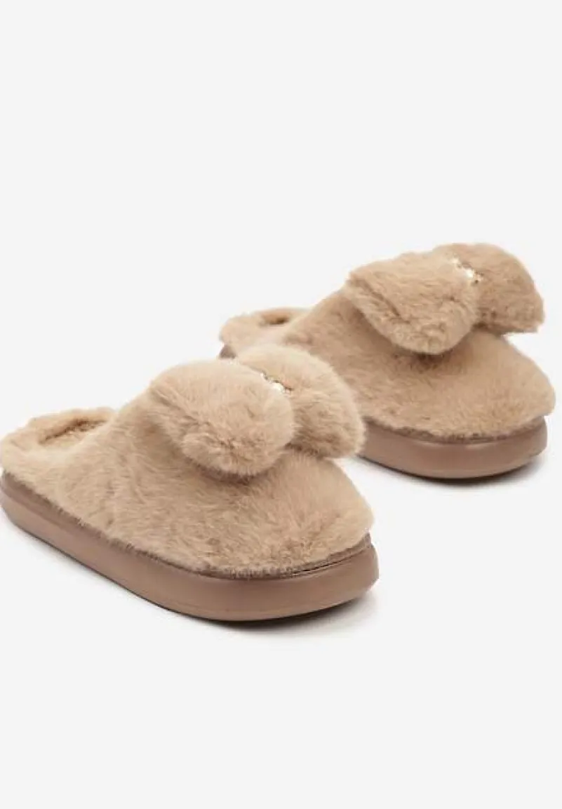 Brązowe Wsuwane Kapcie z Futerkiem Ozdobione Kokardą Lemiola