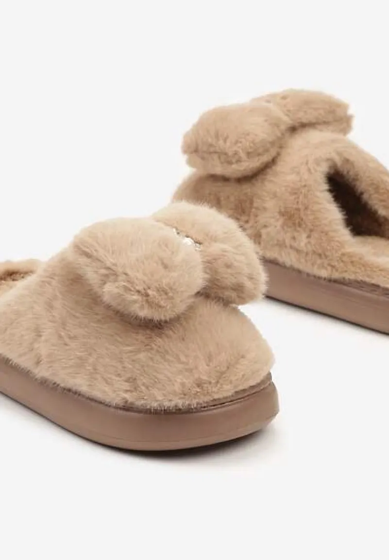 Brązowe Wsuwane Kapcie z Futerkiem Ozdobione Kokardą Lemiola