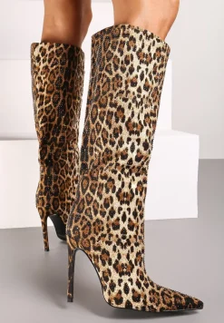 Brązowe Wsuwane Kozaki na Obcasie Typu Szpilka z Noskiem w Szpic i Cyrkoniowym Detalem Hanilaya