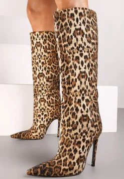 Brązowe Wsuwane Kozaki na Obcasie Typu Szpilka z Noskiem w Szpic i Cyrkoniowym Detalem Hanilaya