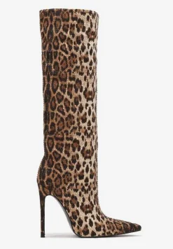 Brązowe Wsuwane Kozaki na Obcasie Typu Szpilka z Noskiem w Szpic i Cyrkoniowym Detalem Hanilaya