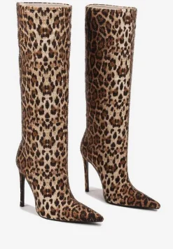 Brązowe Wsuwane Kozaki na Obcasie Typu Szpilka z Noskiem w Szpic i Cyrkoniowym Detalem Hanilaya