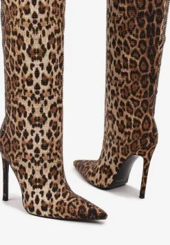 Brązowe Wsuwane Kozaki na Obcasie Typu Szpilka z Noskiem w Szpic i Cyrkoniowym Detalem Hanilaya