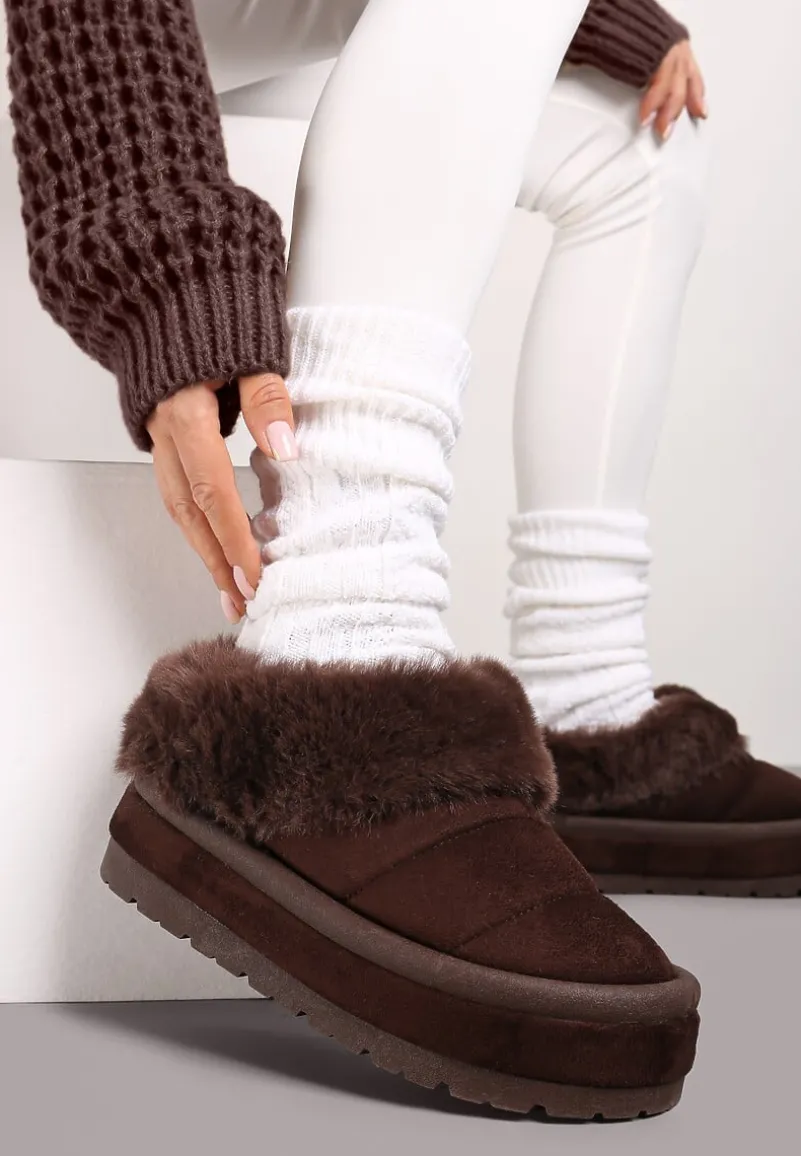 Brązowe Wsuwane Śniegowce na Platformie Ozdobione Futerkiem Sinthiana