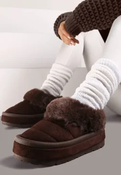 Brązowe Wsuwane Śniegowce na Platformie Ozdobione Futerkiem Sinthiana