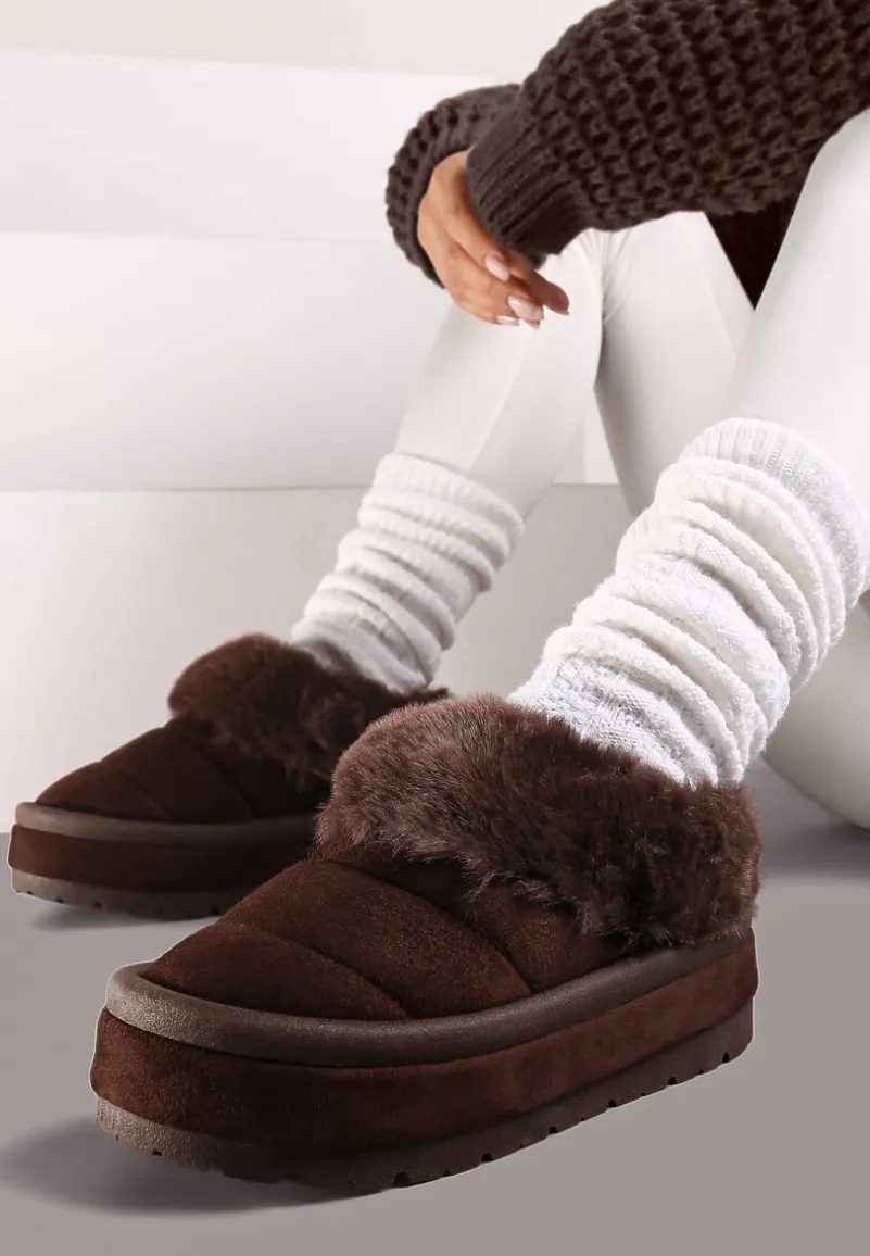 Brązowe Wsuwane Śniegowce na Platformie Ozdobione Futerkiem Sinthiana