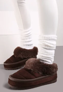 Brązowe Wsuwane Śniegowce na Platformie Ozdobione Futerkiem Sinthiana