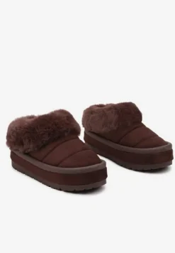 Brązowe Wsuwane Śniegowce na Platformie Ozdobione Futerkiem Sinthiana