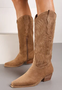 Brązowe Wysokie Kowbojki Botki na Niskim Słupku z Ażurowym Wzorem Mennara