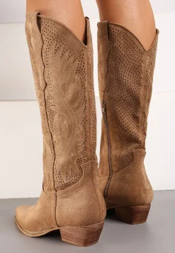 Brązowe Wysokie Kowbojki Botki na Niskim Słupku z Ażurowym Wzorem Mennara