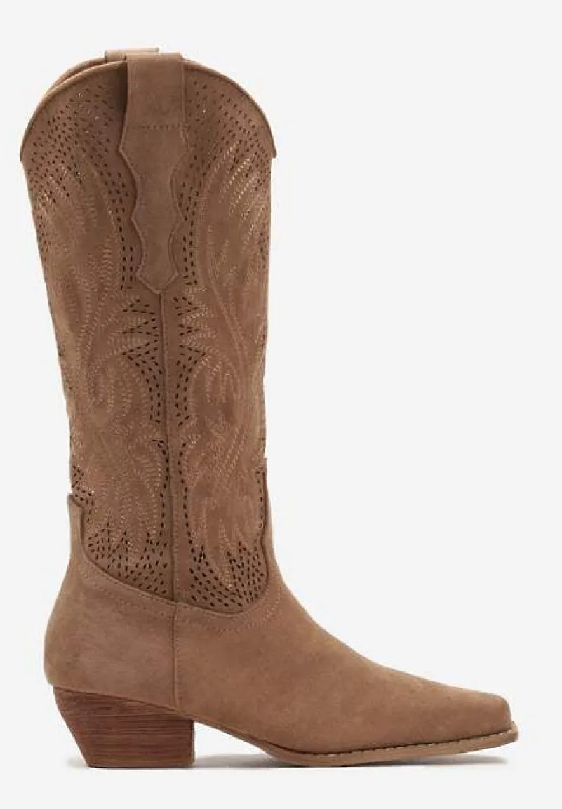 Brązowe Wysokie Kowbojki Botki na Niskim Słupku z Ażurowym Wzorem Mennara