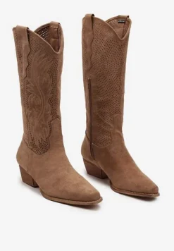 Brązowe Wysokie Kowbojki Botki na Niskim Słupku z Ażurowym Wzorem Mennara