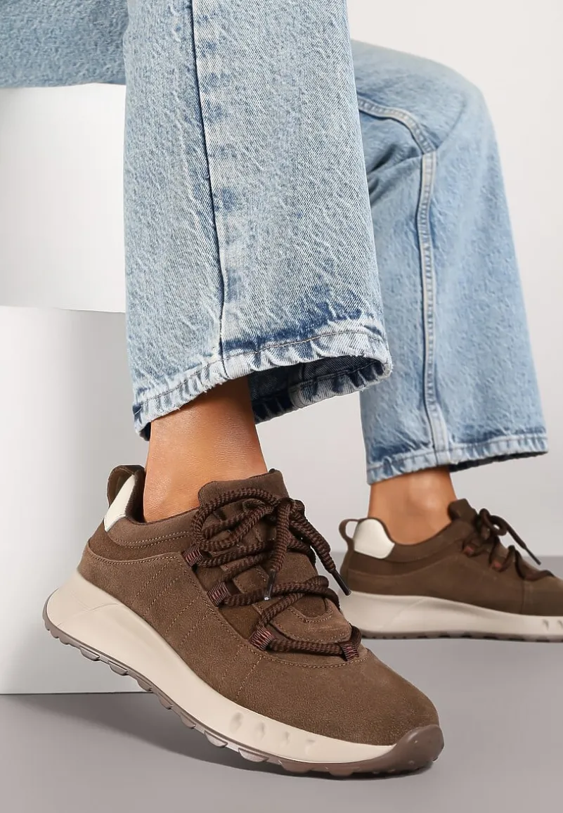 Brązowe Zamszowe Sneakersy z Wkładką ze Skóry Naturalnej Dolavienne