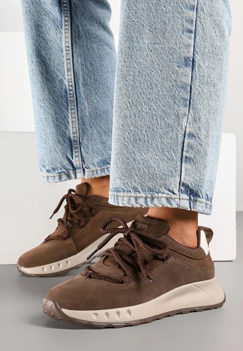Brązowe Zamszowe Sneakersy z Wkładką ze Skóry Naturalnej Dolavienne