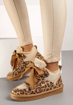 Brązowe Zimowe Sneakersy Vices Stylizowane na Śniegowce z Futerkiem i Wzorem w Panterkę Tennira