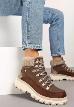 Brązowe Zimowe Traperki ze Sznurowaną Cholewką Zdobioną Futrem Seavitha