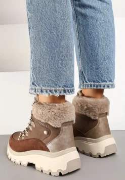 Brązowe Zimowe Traperki ze Sznurowaną Cholewką Zdobioną Futrem Seavitha