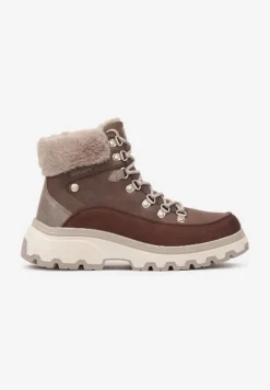 Brązowe Zimowe Traperki ze Sznurowaną Cholewką Zdobioną Futrem Seavitha