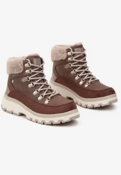 Brązowe Zimowe Traperki ze Sznurowaną Cholewką Zdobioną Futrem Seavitha