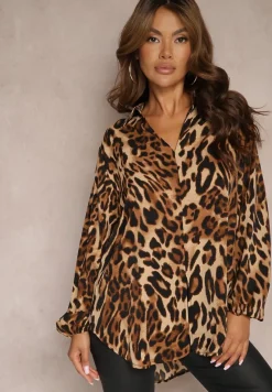 Brązowo-Beżowa Koszula w Panterkę Ozdobiona Gumkami przy Rękawach Verikae