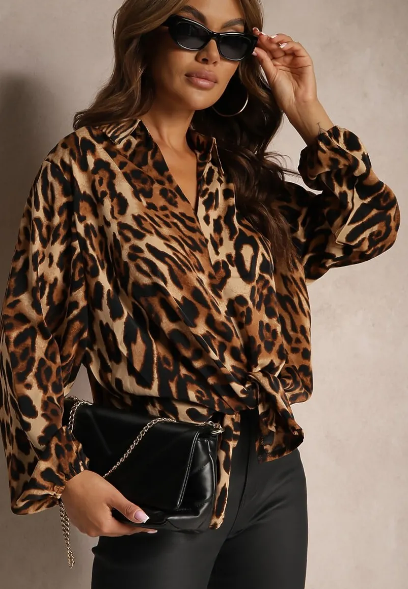 Brązowo-Beżowa Koszula w Panterkę Ozdobiona Gumkami przy Rękawach Verikae