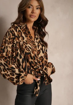 Brązowo-Beżowa Koszula w Panterkę Ozdobiona Gumkami przy Rękawach Verikae