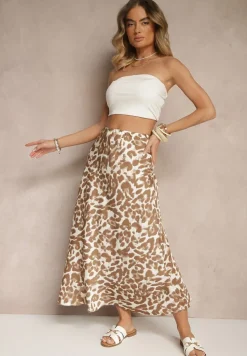Brązowo-Beżowa Panterkowa Spódnica z Wiskozy High Waist Fevirellea