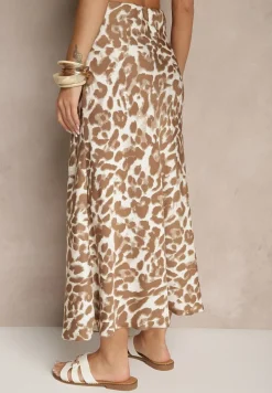 Brązowo-Beżowa Panterkowa Spódnica z Wiskozy High Waist Fevirellea