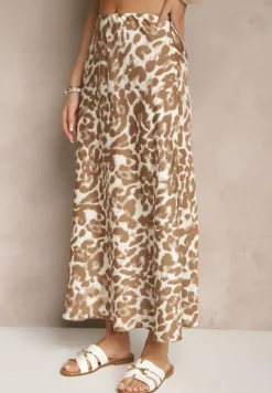 Brązowo-Beżowa Panterkowa Spódnica z Wiskozy High Waist Fevirellea