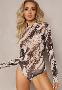 Brązowo-Beżowe Body w Fantazyjny Wzór z Metaliczną Nitką Aponthea