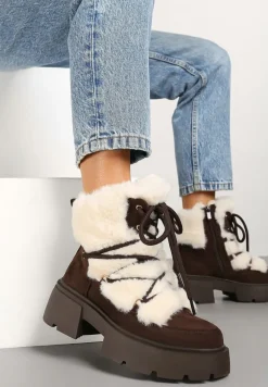 Brązowo-Beżowe Futerkowe Botki Śniegowce na Tłoczonej Podeszwie Savalithea