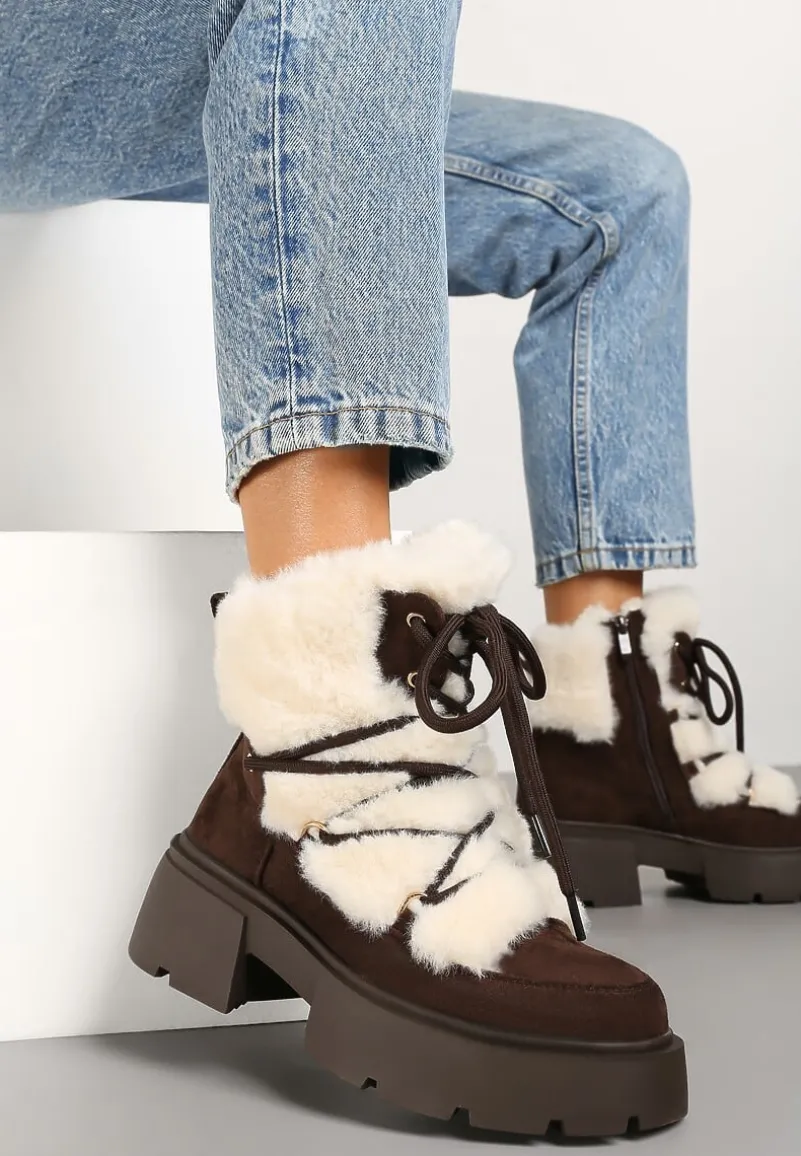 Brązowo-Beżowe Futerkowe Botki Śniegowce na Tłoczonej Podeszwie Savalithea