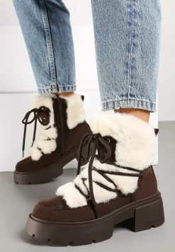Brązowo-Beżowe Futerkowe Botki Śniegowce na Tłoczonej Podeszwie Savalithea