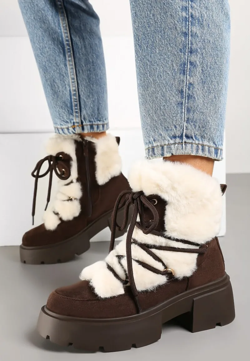 Brązowo-Beżowe Futerkowe Botki Śniegowce na Tłoczonej Podeszwie Savalithea