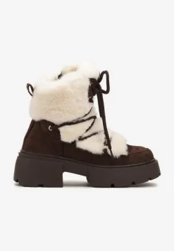 Brązowo-Beżowe Futerkowe Botki Śniegowce na Tłoczonej Podeszwie Savalithea