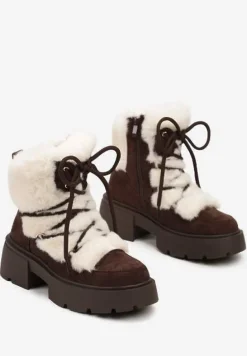 Brązowo-Beżowe Futerkowe Botki Śniegowce na Tłoczonej Podeszwie Savalithea