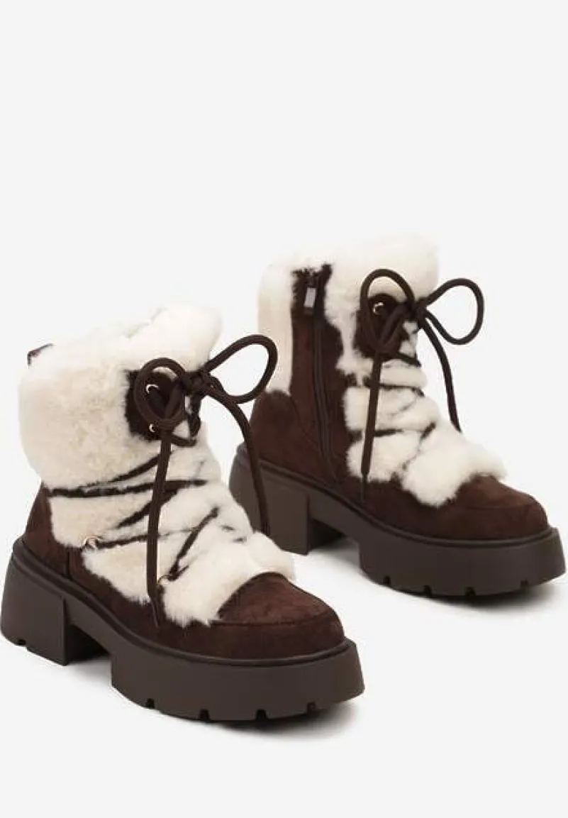 Brązowo-Beżowe Futerkowe Botki Śniegowce na Tłoczonej Podeszwie Savalithea