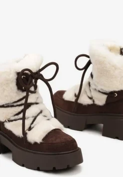Brązowo-Beżowe Futerkowe Botki Śniegowce na Tłoczonej Podeszwie Savalithea