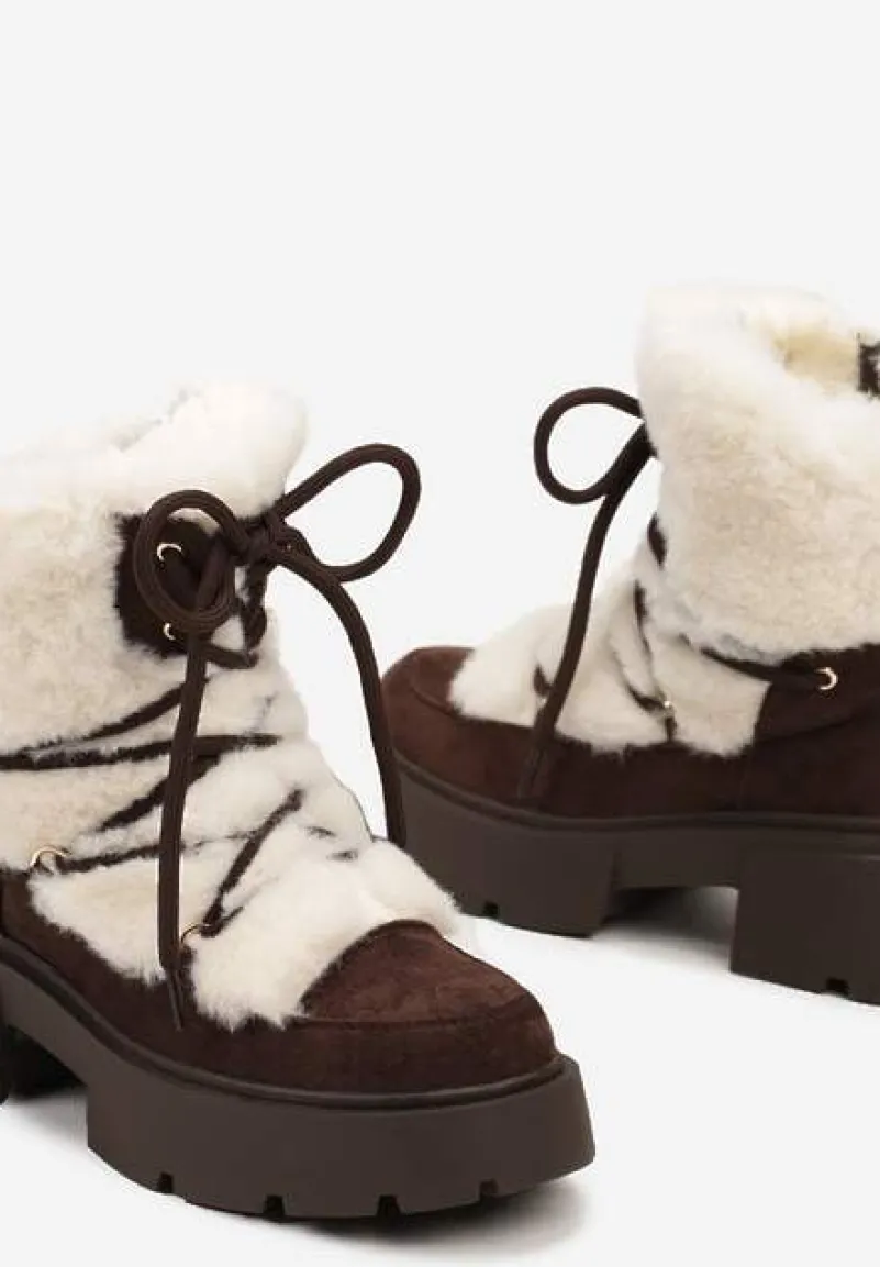 Brązowo-Beżowe Futerkowe Botki Śniegowce na Tłoczonej Podeszwie Savalithea