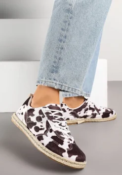 Brązowo-Białe Sneakersy Kultowe Tenisówki ze Wzorem w Łaty z Podeszwą Zdobioną Plecionką Zarorella