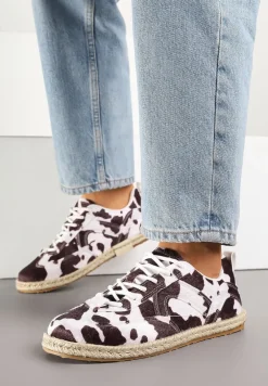 Brązowo-Białe Sneakersy Kultowe Tenisówki ze Wzorem w Łaty z Podeszwą Zdobioną Plecionką Zarorella