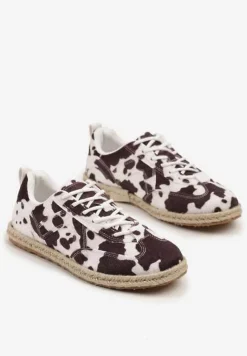 Brązowo-Białe Sneakersy Kultowe Tenisówki ze Wzorem w Łaty z Podeszwą Zdobioną Plecionką Zarorella